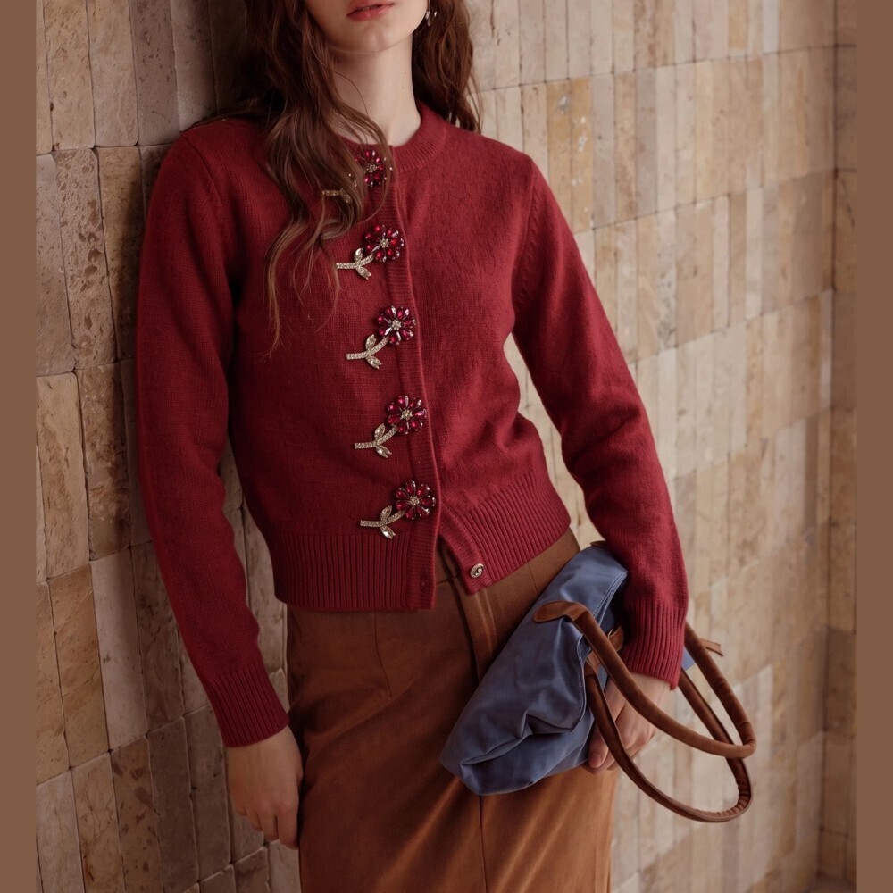 Burgundy Red Floral Jeweled Placket Knit Crewneck Cardigan